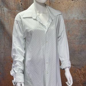 White button up with light blue pinstripes